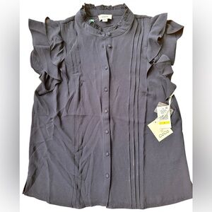 CeCe Womens Medium Navy Button Down Pintuck Ruffle Sleeve Blouse NWT